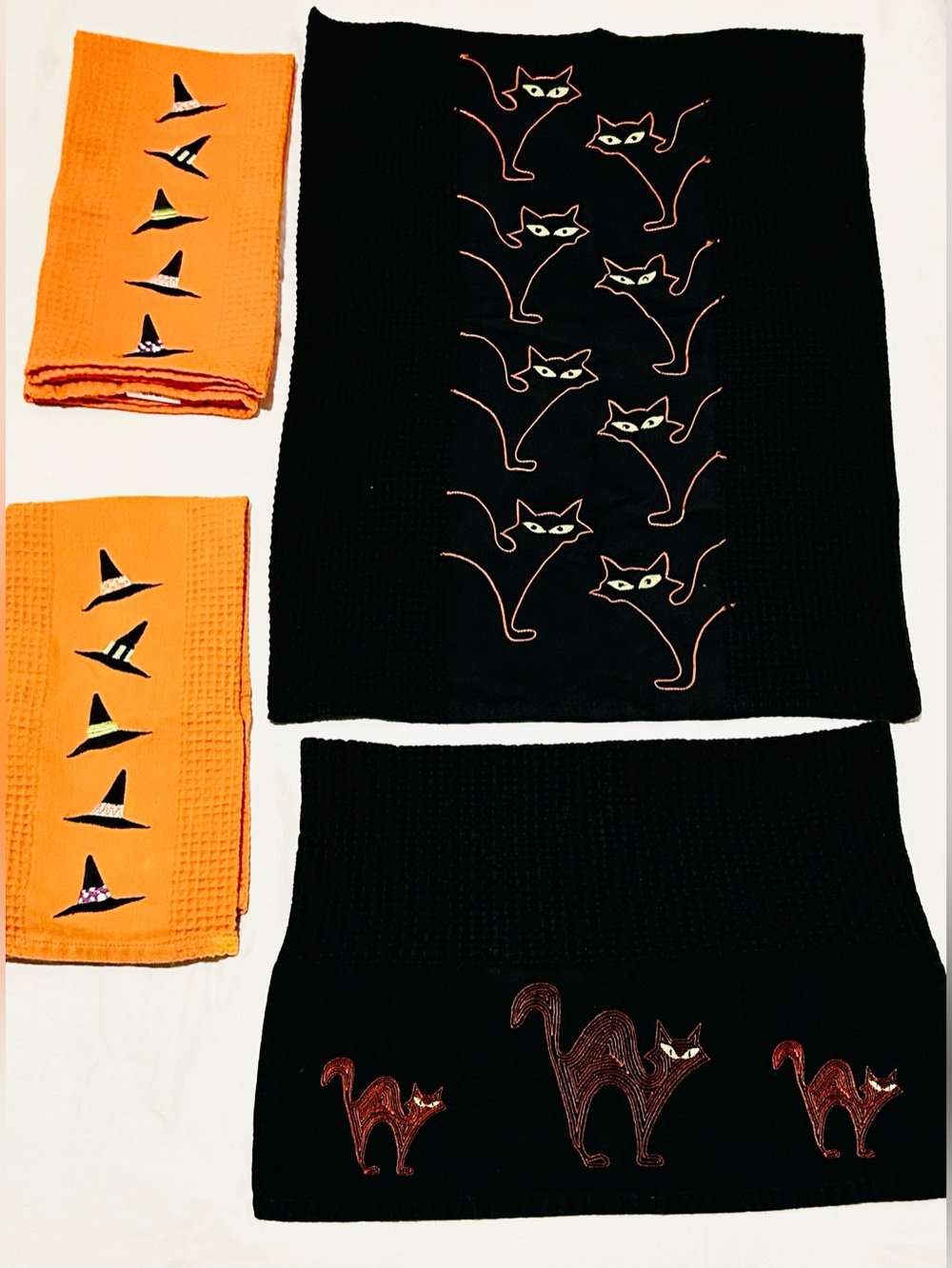 Crate & Barrel Halloween Embroidered Dishtowels - Set of 4 Black Cats Witch Hats